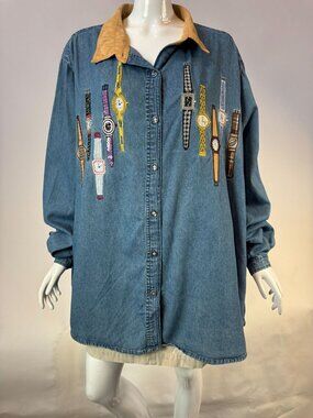 Vintage Bobbie Brooks Denim Button-Up Shirt With Embroidered Watches Plus Sz 24W